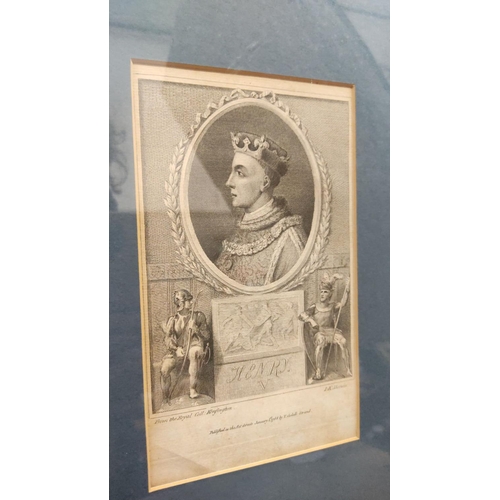 381 - Framed set of four historical engravings featuring English monarchs, including Henry IV. Published b... 