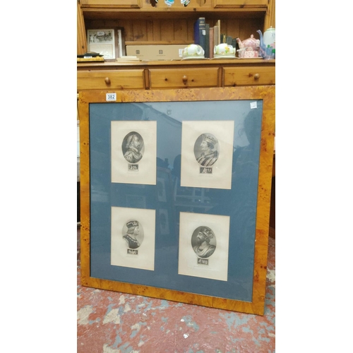 382 - Framed set of four historical portraits, including an etching of 