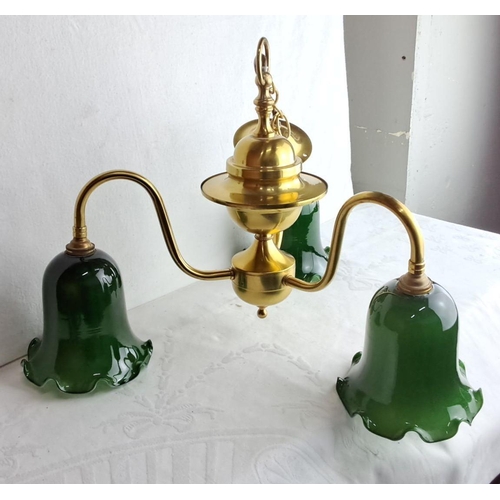 321 - Brass three-arm chandelier with green glass bell-shaped shades.