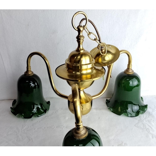 321 - Brass three-arm chandelier with green glass bell-shaped shades.