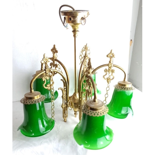 322 - Art Nouveau brass chandelier with ornate details and vibrant green glass shades