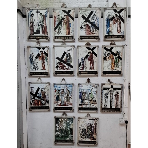 330 - Set of 14 Stations of the Cross plaques depicting the Passion of Christ, featuring detailed illustra... 