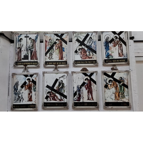 330 - Set of 14 Stations of the Cross plaques depicting the Passion of Christ, featuring detailed illustra... 