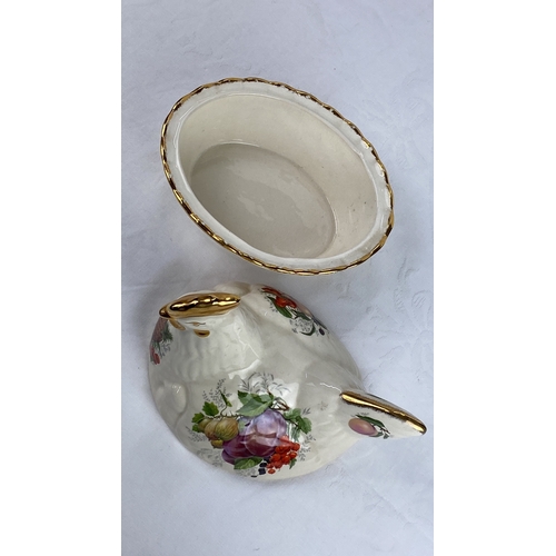 1 - Staffordshire style hen-on-nest porcelain dish with gold accents and fruit motifs, made in England.