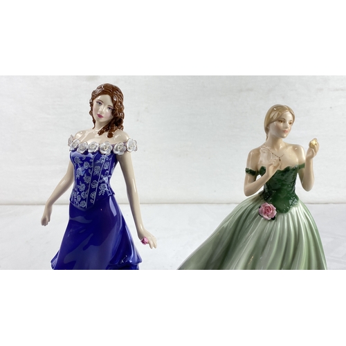 27 - Two Royal Worcester porcelain figurines: one in a blue dress adorned with white roses titled Summert... 