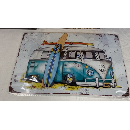 33 - Set of four vintage-style metal signs featuring beach and camper van illustrations, plus humorous te... 