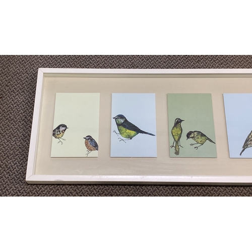 35 - Framed print featuring five bird illustrations by Lapon. Measuring 104x40cm.