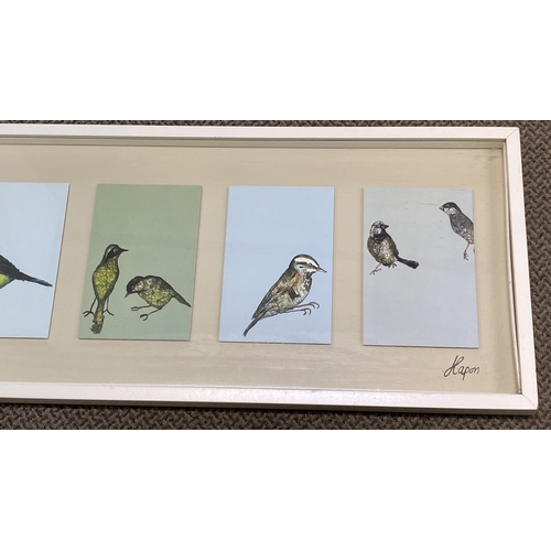 35 - Framed print featuring five bird illustrations by Lapon. Measuring 104x40cm.