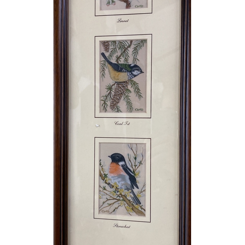 47 - Trio of Cash's woven bird panels featuring Linnet, Coal Tit, and Stonechat, framed in wood.  Measuri... 