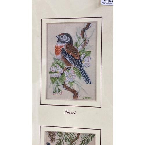 47 - Trio of Cash's woven bird panels featuring Linnet, Coal Tit, and Stonechat, framed in wood.  Measuri... 