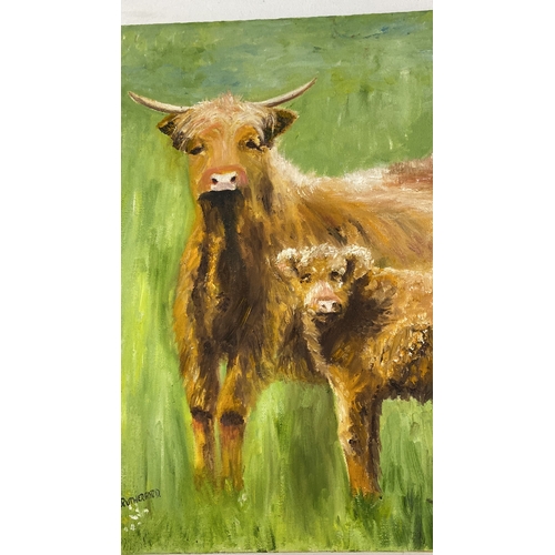 49 - Oil painting depicts Highland cows in a field, signed by artist S. Rutherford, featuring vibrant gre... 