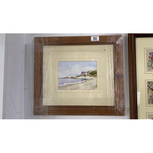 50 - Framed print, by local Artist, Sam McLarnon, depicting a serene beach scene.  Measuring 43x38cm.