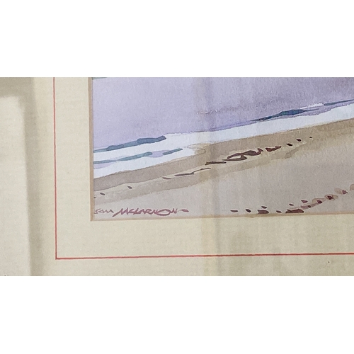 50 - Framed print, by local Artist, Sam McLarnon, depicting a serene beach scene.  Measuring 43x38cm.