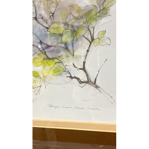 59 - Watercolor painting by Madeleine Massing, featuring a bird amidst foliage. Elegantly framed.  Measur... 