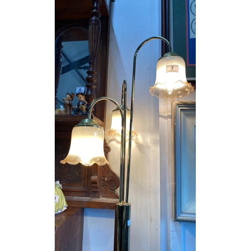 7 - Vintage brass floor lamp with three frosted glass floral shades.