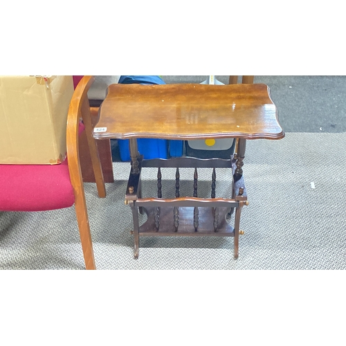 424 - Vintage wooden side table with scalloped edge and lower magazine rack.