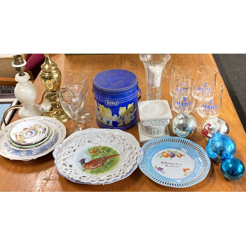 427 - Mixed lot including commemorative plates, brass and ceramic lamps, glassware, Tetley tea tin, blue a... 