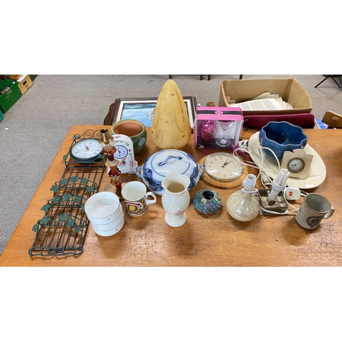 428 - Vintage ceramic tableware, assorted clocks, glass and metal decor, mugs, and vases.