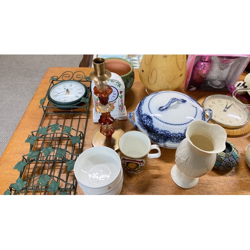 428 - Vintage ceramic tableware, assorted clocks, glass and metal decor, mugs, and vases.