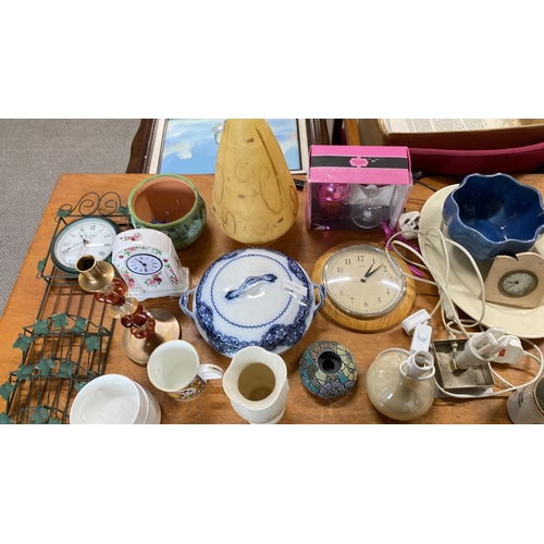 428 - Vintage ceramic tableware, assorted clocks, glass and metal decor, mugs, and vases.