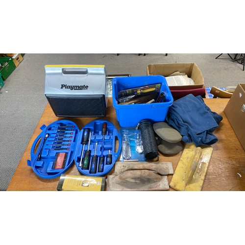 433 - Mixed lot including Playmate Igloo cooler, tool set, assorted tools, and Ashley Norton Contemporary ... 