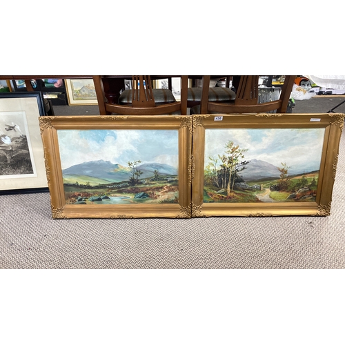 436 - Oil on canvas landscapes in gilded frames, signed . The paintings depict serene rural scenes.  Measu... 