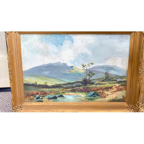 436 - Oil on canvas landscapes in gilded frames, signed . The paintings depict serene rural scenes.  Measu... 