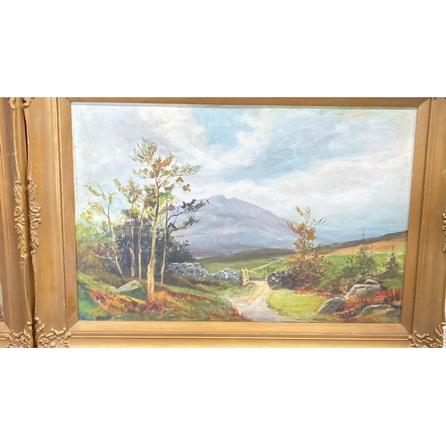 436 - Oil on canvas landscapes in gilded frames, signed . The paintings depict serene rural scenes.  Measu... 