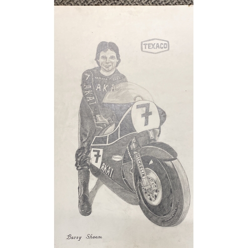 439 - Mixed lot of four artworks: graphite portrait of a Joey Dunlop, motorcyclist, two village scenes, an... 