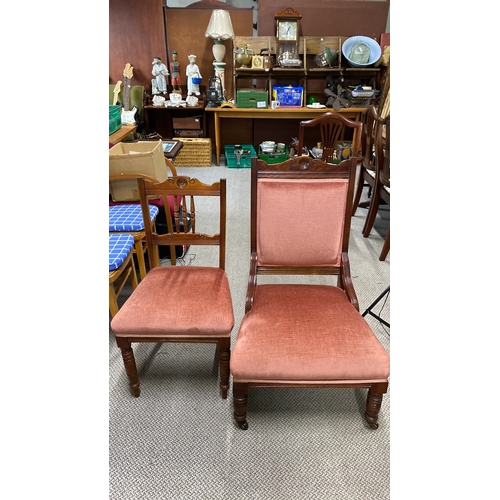 443 - Pair of Victorian mahogany chairs with carved details and pink velvet upholstery.