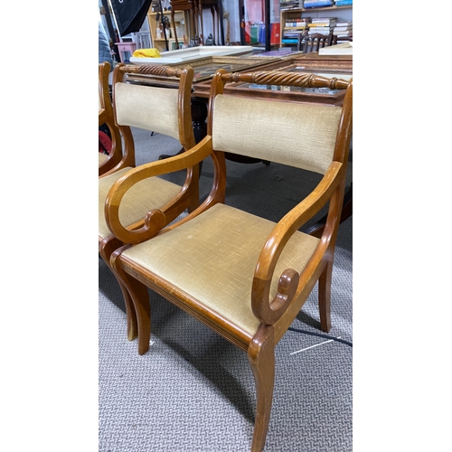 447 - Set of three Regency-style chairs with carved wood frames and upholstered seats.