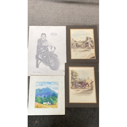 439 - Mixed lot of four artworks: graphite portrait of a Joey Dunlop, motorcyclist, two village scenes, an... 