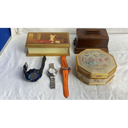 104 - Collection of decorative boxes and three men's watches, including a Jeep stainless steel and a Polic... 