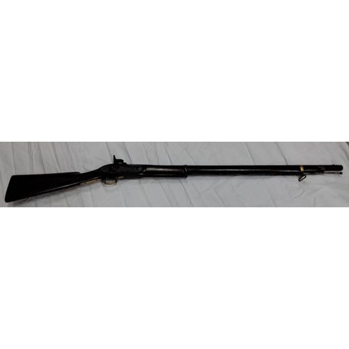 100 - 19th-century percussion cap rifle, dark wood stock, metal accents. Distinctive crown mark on lock me... 