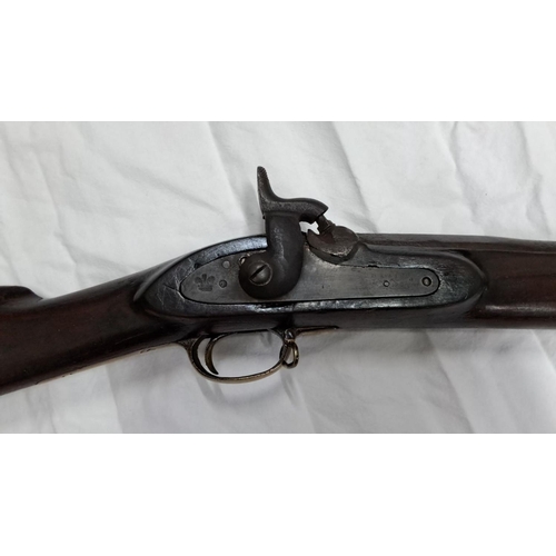 100 - 19th-century percussion cap rifle, dark wood stock, metal accents. Distinctive crown mark on lock me... 