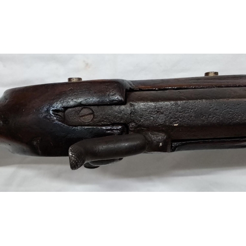 100 - 19th-century percussion cap rifle, dark wood stock, metal accents. Distinctive crown mark on lock me... 