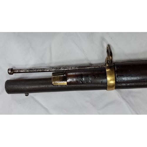 100 - 19th-century percussion cap rifle, dark wood stock, metal accents. Distinctive crown mark on lock me... 