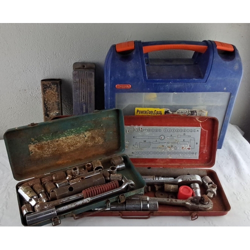 16 - Mixed tool set with metal and plastic storage cases, including ratchet wrenches and assorted sockets... 