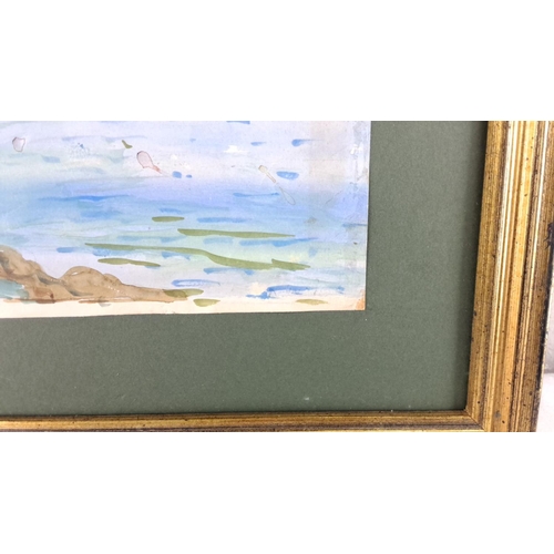 2 - Watercolor painting depicting a serene harbor scene with boats. Housed in a gold-tone wooden frame w... 