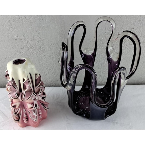 41 - Murano art glass vase set, featuring sculptural form with swirling purple and pink tones.