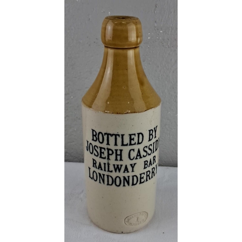 Antique stoneware beer bottle, 'Bottled by Joseph Cassidy - Railway Bar - Londonderry'.