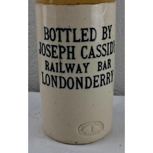 61 - Antique stoneware beer bottle, 'Bottled by Joseph Cassidy - Railway Bar - Londonderry'.