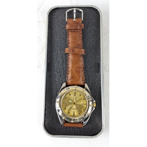 69 - Gold-tone face Mercedes watch with quartz movement, water-resistant, made in Japan, brown leather st... 