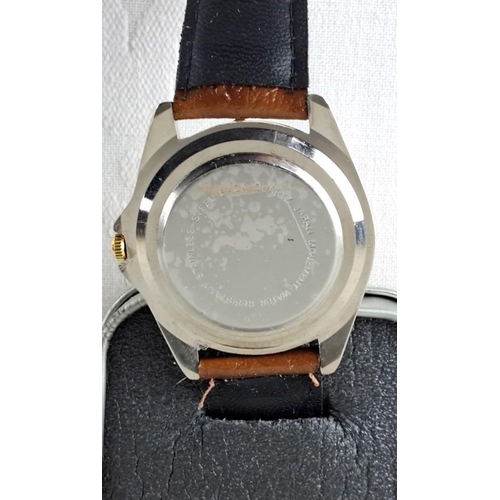 69 - Gold-tone face Mercedes watch with quartz movement, water-resistant, made in Japan, brown leather st... 