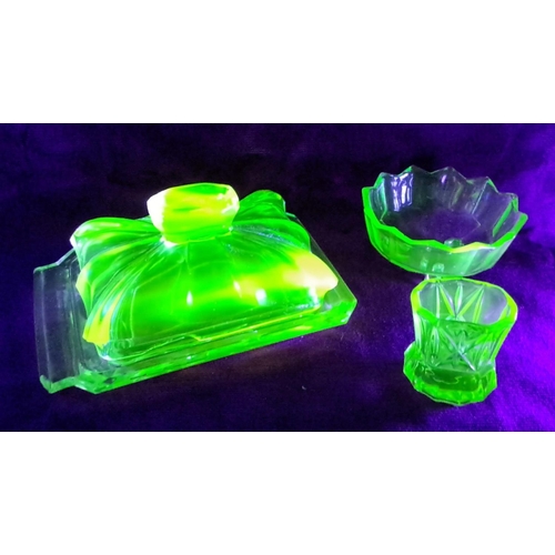 97 - Art Deco green uranium glass butter dish (a/f),  trinket bowl, and  candle holder. Radiant under UV ... 