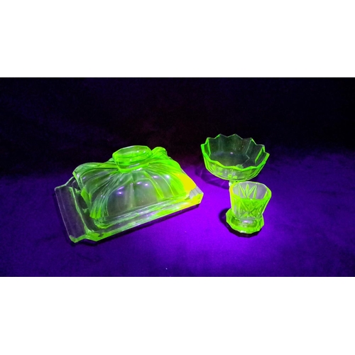 97 - Art Deco green uranium glass butter dish (a/f),  trinket bowl, and  candle holder. Radiant under UV ... 