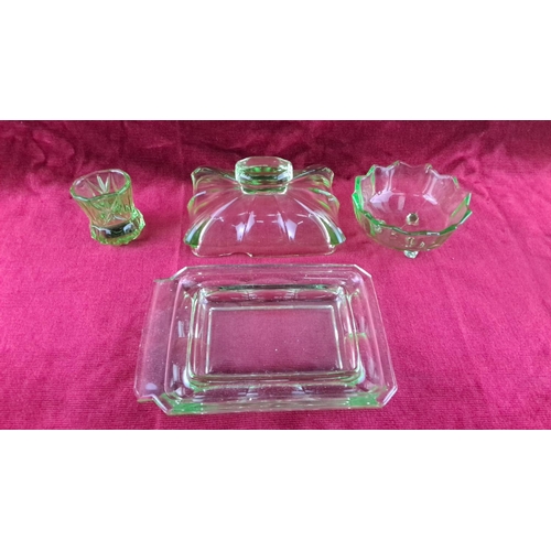 97 - Art Deco green uranium glass butter dish (a/f),  trinket bowl, and  candle holder. Radiant under UV ... 