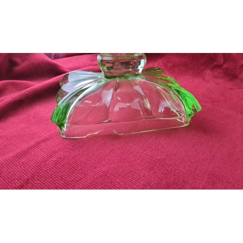 97 - Art Deco green uranium glass butter dish (a/f),  trinket bowl, and  candle holder. Radiant under UV ... 