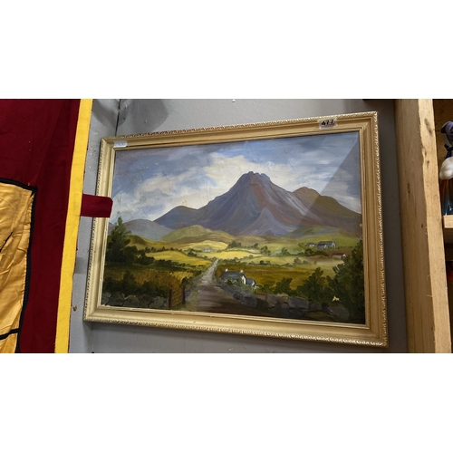 477 - Oil painting landscape with mountain and country road, signed by artist R. Adley, in an ornate cream... 