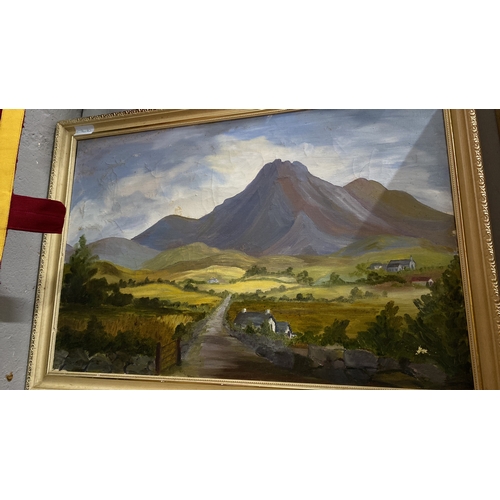 477 - Oil painting landscape with mountain and country road, signed by artist R. Adley, in an ornate cream... 